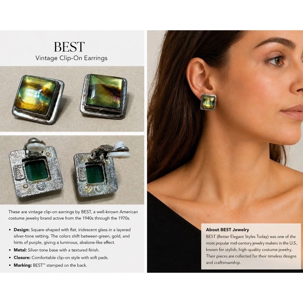 Vintage BEST Clip On Earrings Green Gold Iridescent Glass Square Silver Tone